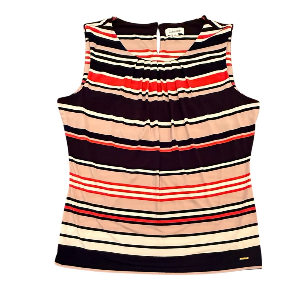 Calvin Klein Black/Tan/Red Striped Pleat Front Sleeveless Tank Top Size XL